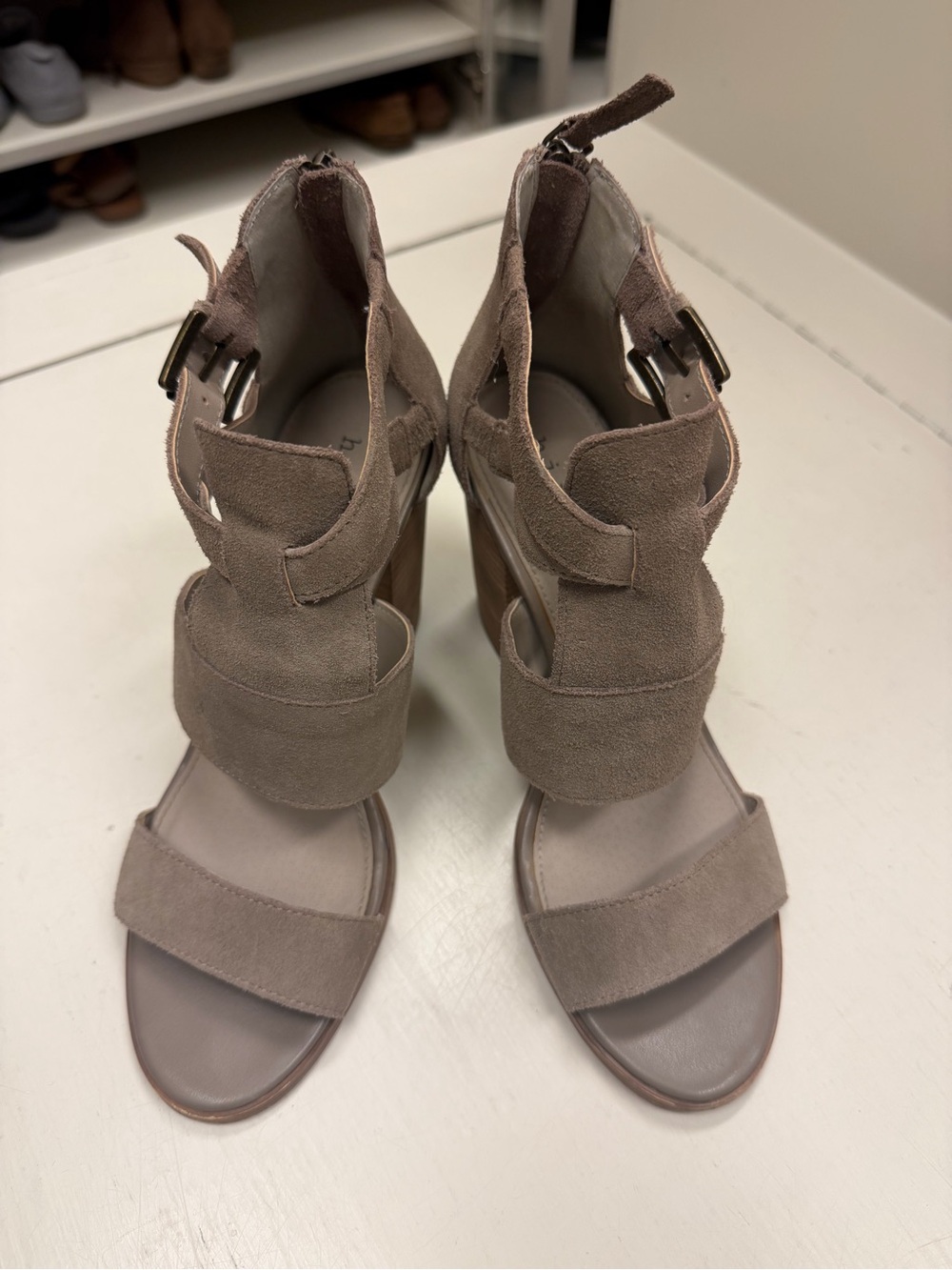 hinge Taupe Suede Block Heel Sandals
